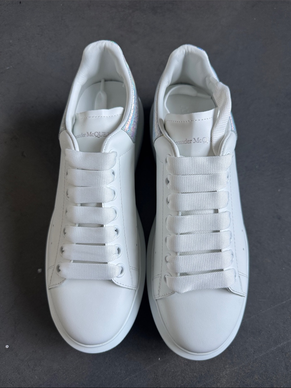 Alexander McQueen White Leather Sneakers with Iridescent Heel Tab
